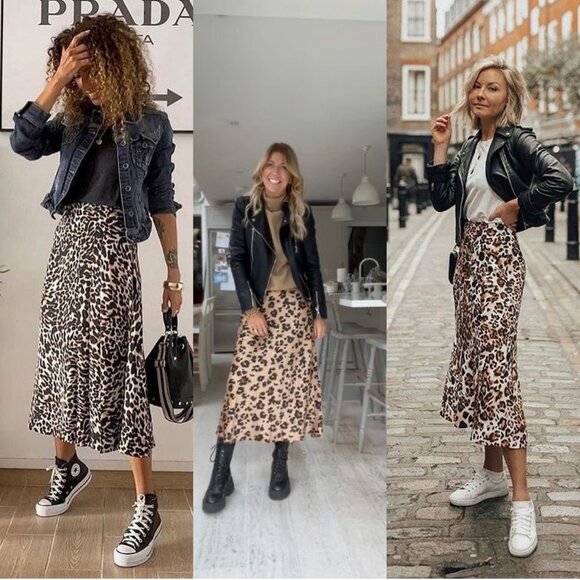 NEW Y2K Leopard Print Satin Midi Skirt Sz M Tan Black A-Line Animal Print 90s - Picture 9 of 10